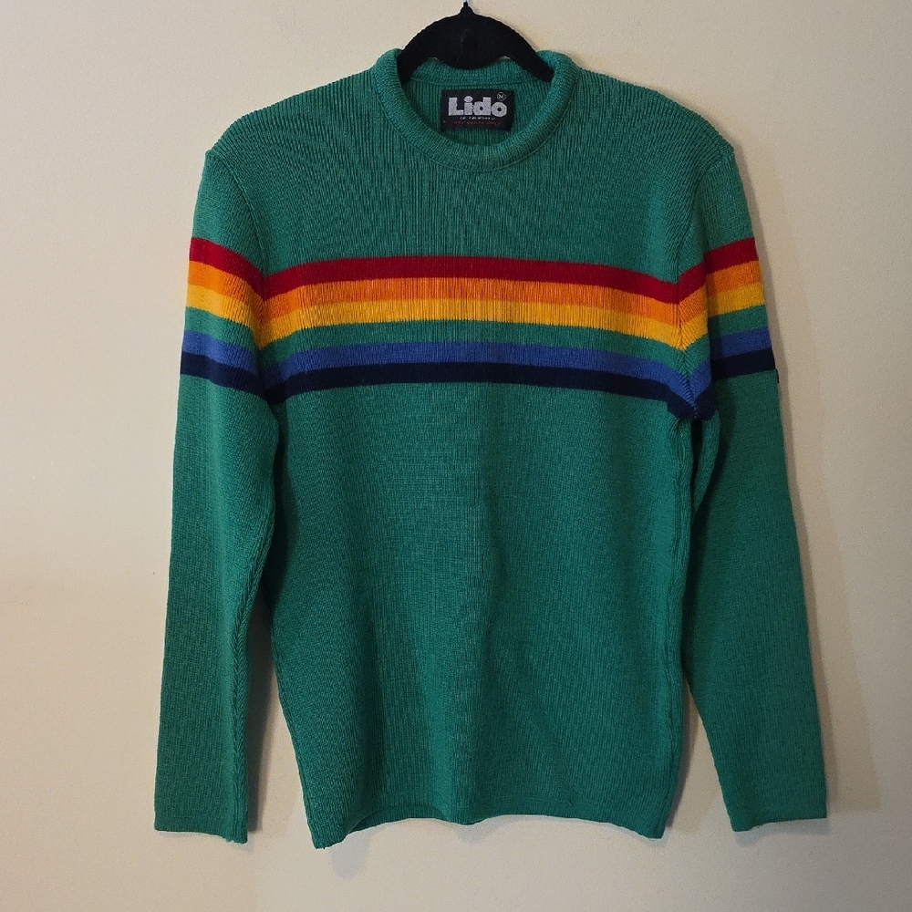 Lido Of California Men's Green Crewneck Sweater with Rainbow Stripes